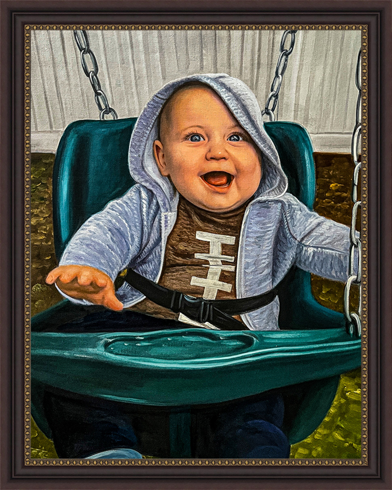 Oil painting of a laughing baby boy in a garden swing